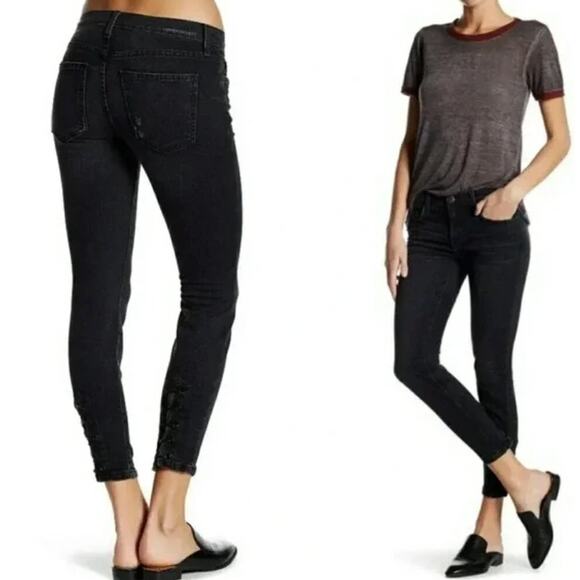 Current/Elliott Black Stiletto Slit Watchtower Eyelets Jean Womens 24 / 0 Grunge - Picture 1 of 12